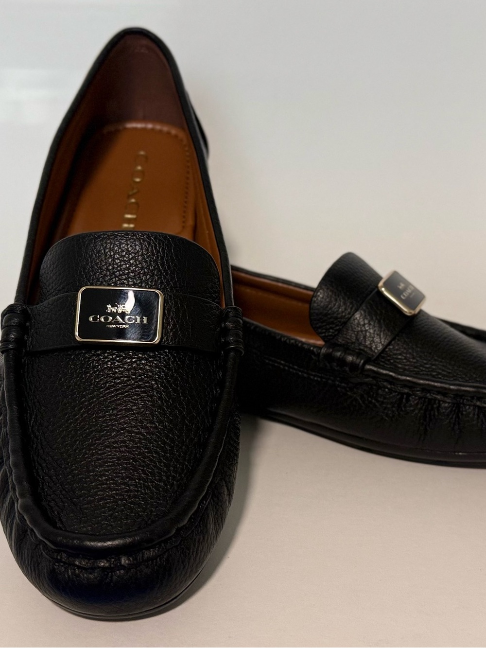 Coach Black Pebbled Leather Woman’s Loafers with Silver Plaque - Picture 1 of 4